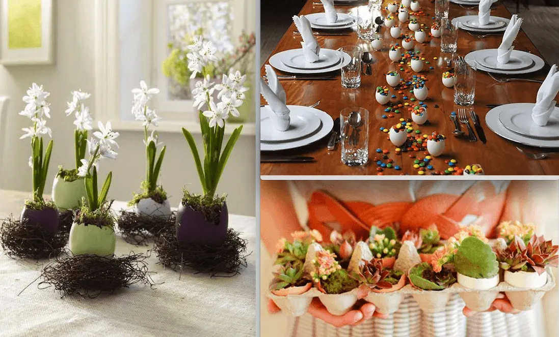 A decoração para a mesa de almoço de Páscoa pode ganhar um arranjo fora do padrão, como flores dentro das cascas de ovos.