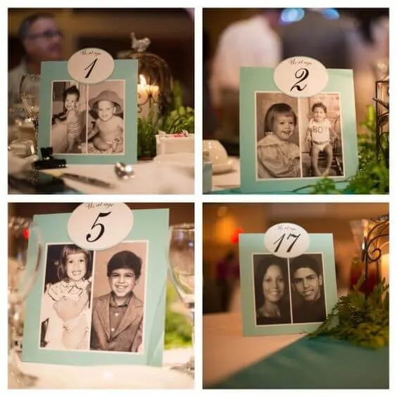 Usar fotos de vocês é uma maneira criativa e surpreendente de criar marcadores para as mesas dos convidados da sua bodas de prata.