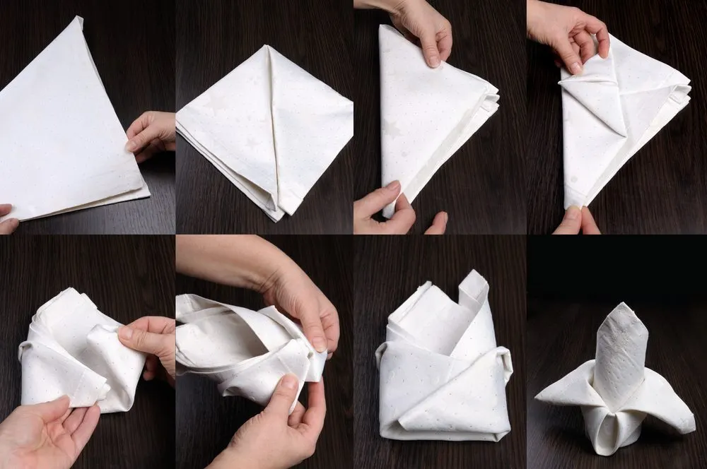 É muito fácil fazer dobras especiais com o guardanapo de papel branco decorado.