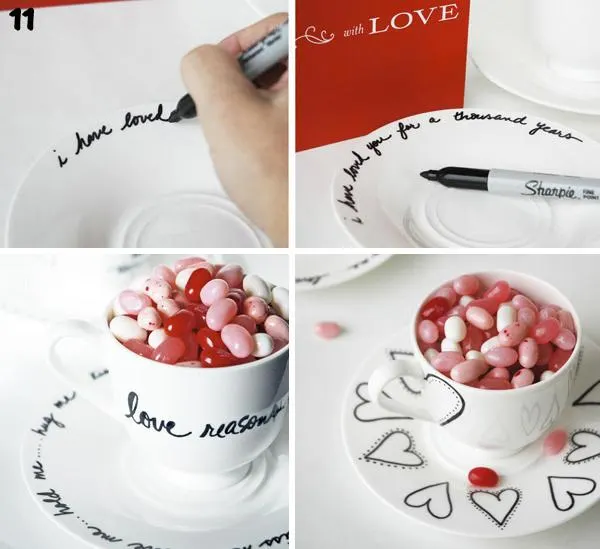 Os pratos do seu jantar romântico podem ser personalizados com canetinha permanente.