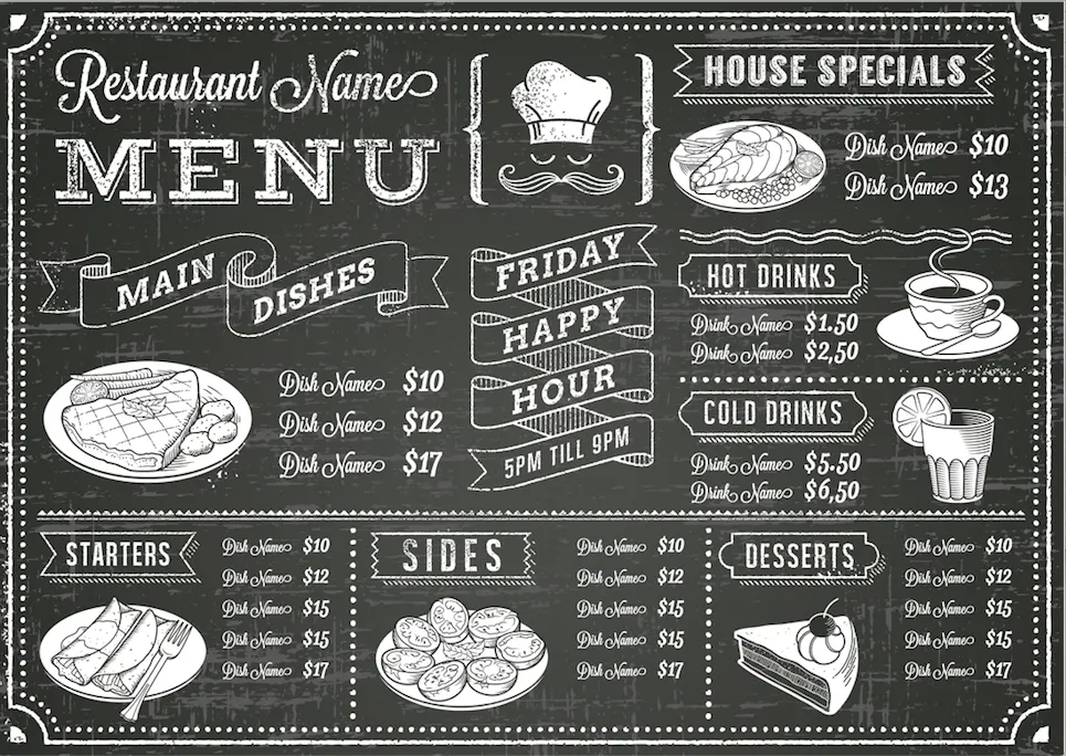 O modelo de cardápio quadro negro é excelente para pequenos restaurantes e bares com uma pegada mais moderna.