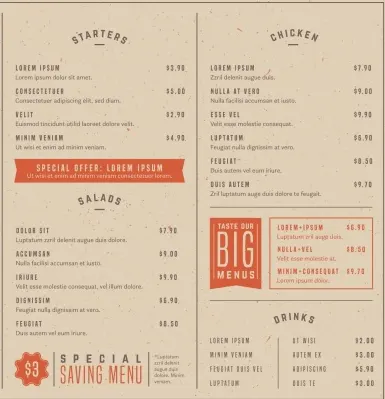 Este modelo de cardápio para restaurante é que como se fosse um livro, mas sem que o cliente precise folhar. Basta abrir e todo o menu está organizado em blocos.