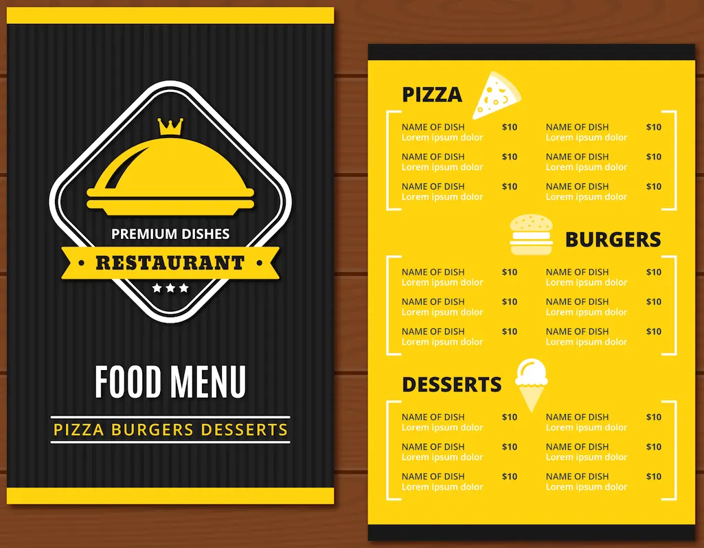 Este tipo de modelo de cardápio para restaurante é ótimo para estabelecimentos que possuem um menu enxuto