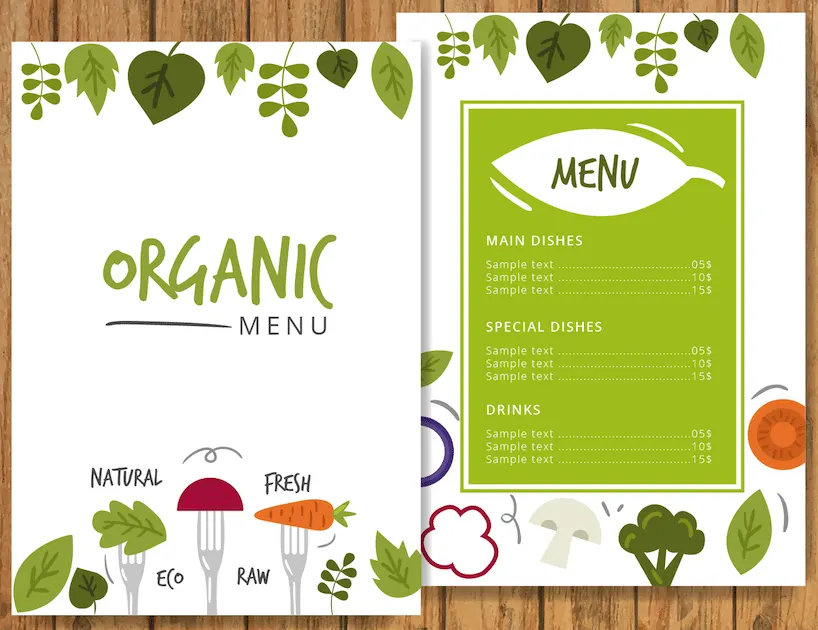 Antes mesmo de pedir a comida, este modelo de cardápio para restaurante já revela qual o estilo do negócio. O layout é limpo e bem organizado.