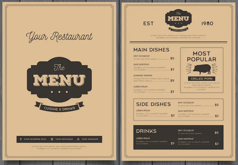 Este modelo de cardápio para restaurantes é inspirado no estilo retrô, que está super em alta